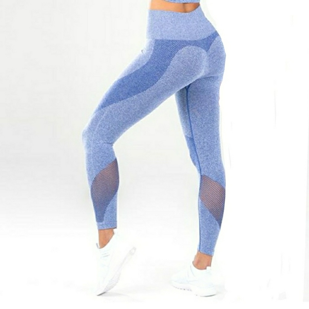 NEW - BLUE STRETCH MESH PANEL WORKOUT LEGGINGS - Picture 4 of 5
